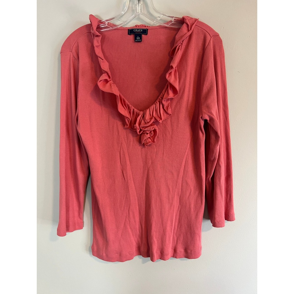 Chaps Denim Womens Coral Pink Ribbed Ruffle V-Neck 3/4 Sleeve Cotton Top Large